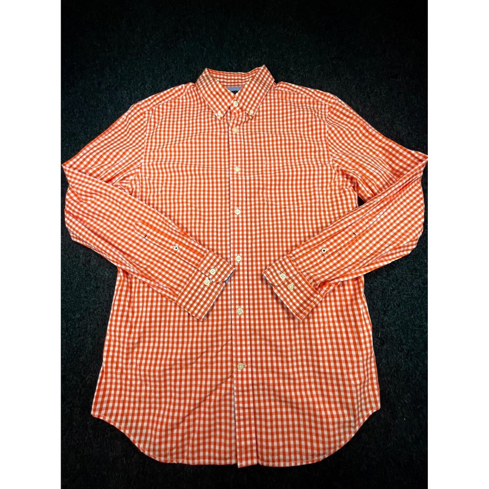 Banana Republic Shirt Mens L Orange White Gingham Long Sleeve Collar Button Down